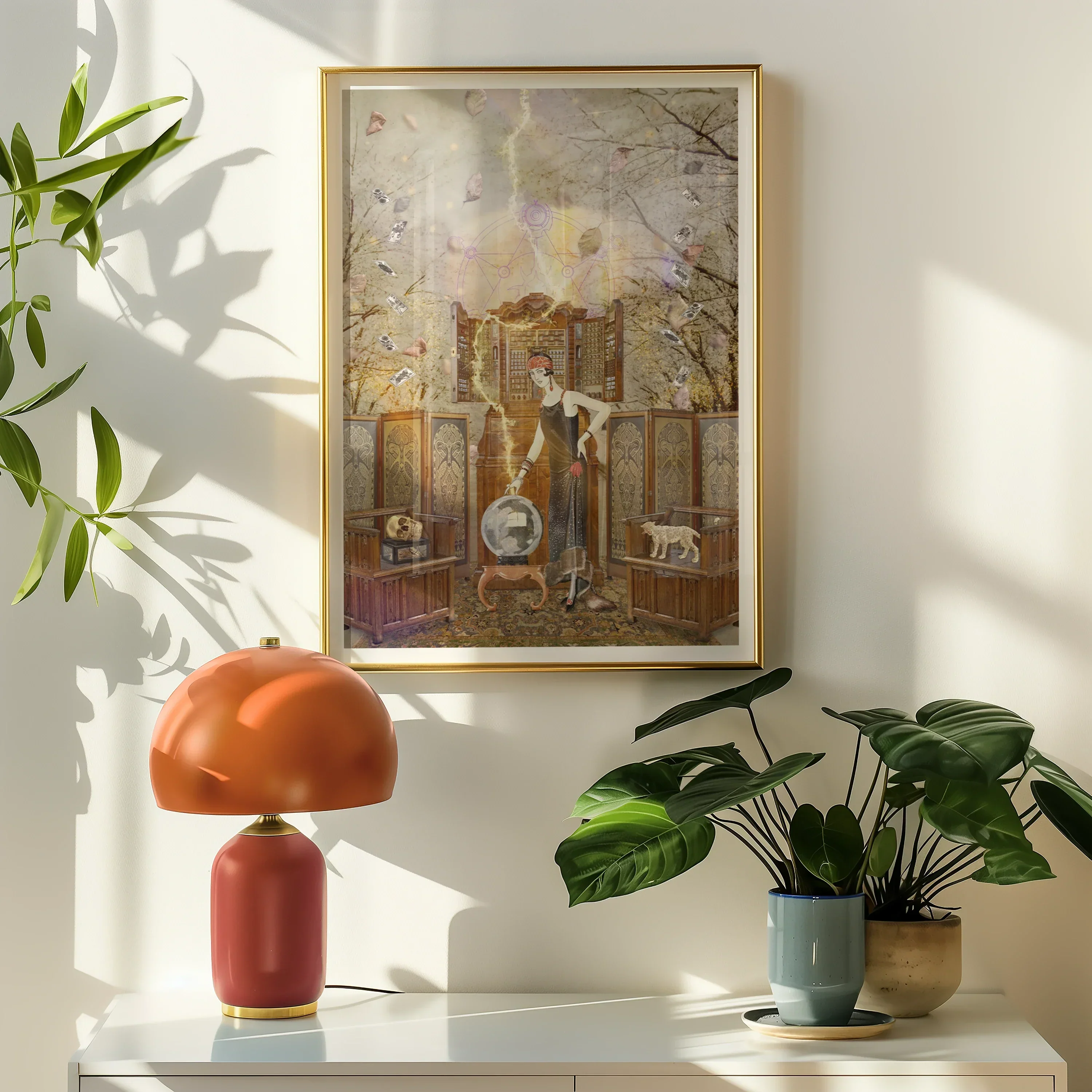 Cassandra the Mystic Marvel Witch Legend Art Print, Framed Artwork Whimsical Surreal Scene Architectural Elements Animals