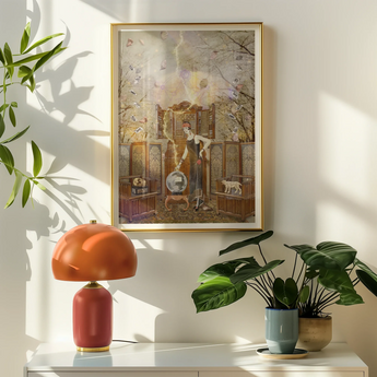 Cassandra the Mystic Marvel - Witch Legend Art Print, Framed Artwork Whimsical Surreal Scene Architectural Elements Animals