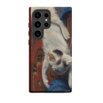 Cat with Ball of Wool - Richard Muller Phone Case Samsung Galaxy S24 Ultra / Matte Phone Case White Kitten Black Markings Playfully Blue