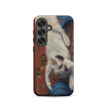Cat with Ball of Wool - Richard Muller Phone Case Samsung Galaxy S25 / Matte Phone Case White Kitten Black Markings Playfully Blue Richard