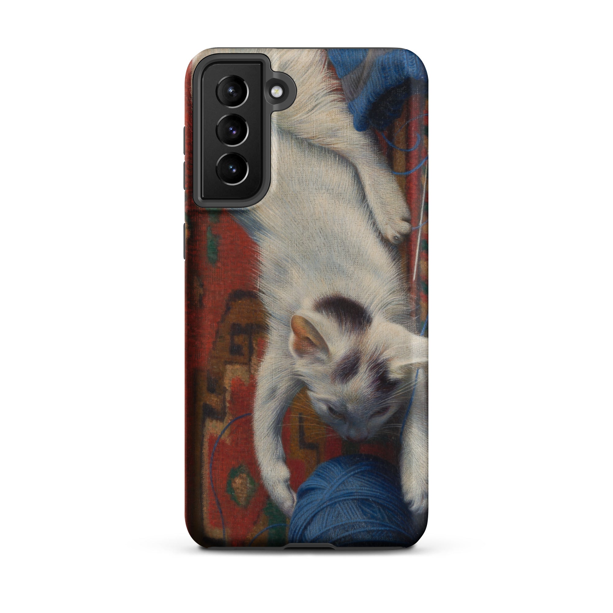 Cat with Ball of Wool Richard Muller Samsung Case, Galaxy S21 Plus / Matte, White Black Cat Blue Ball Yarn Smartphone Case