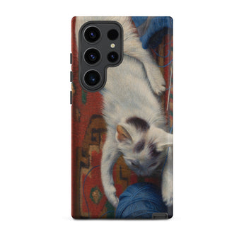 Cat with Ball of Wool - Richard Muller Samsung Case, Galaxy S23 Ultra / Matte, Phone Case White Cat Blue Ball Yarn