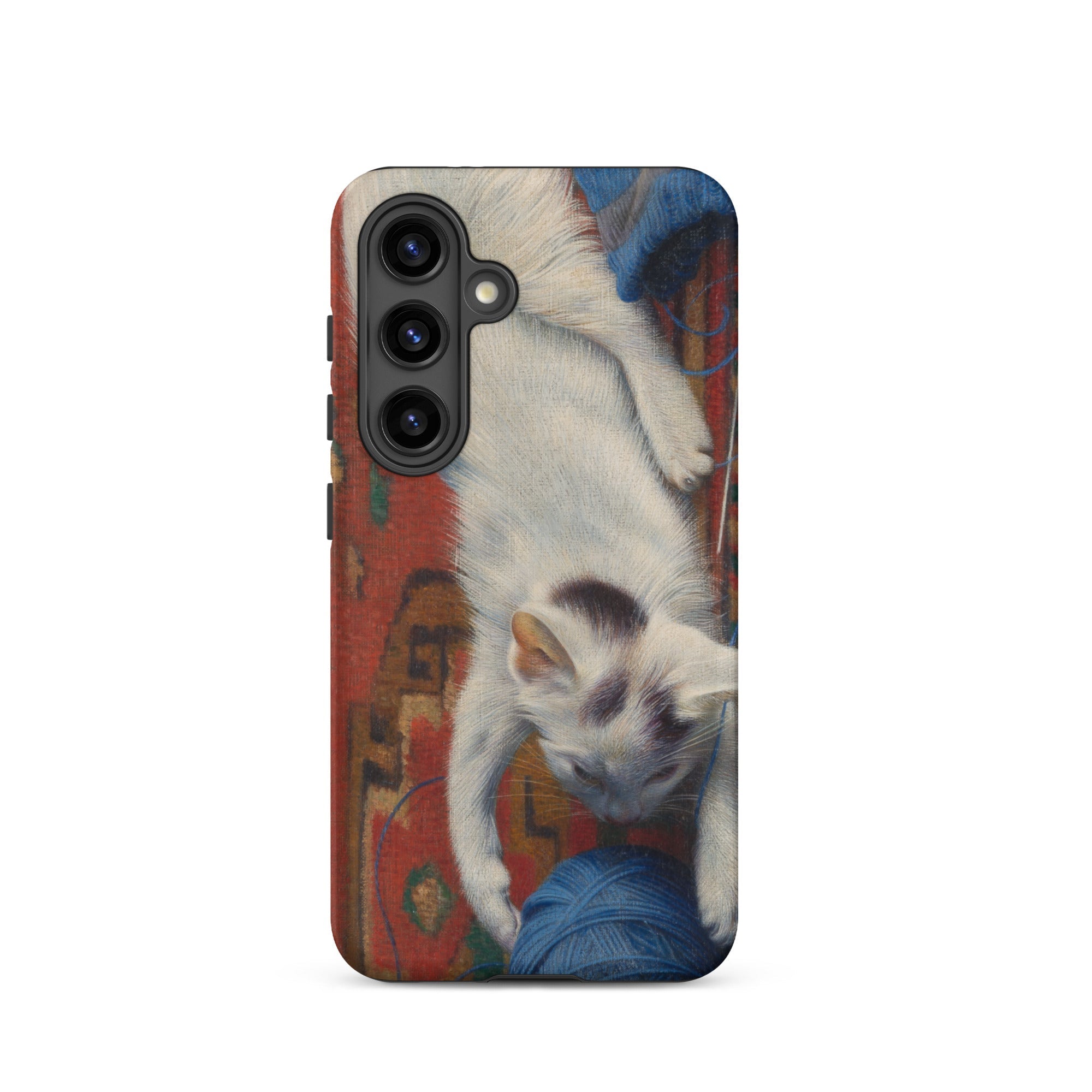 Cat with Ball of Wool Richard Muller Samsung Case, Galaxy S24 / Matte, White Phone Case Playful Kitten Blue Yarn Design