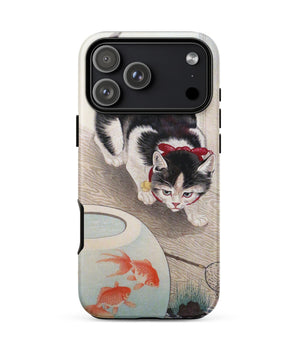 Iphone 17 Pro Max / Matte Cat and Goldfish Bowl - Ohara Koson Phone Case, Koson’s Feline Tableau, Lacquered Ink Mid-stroke