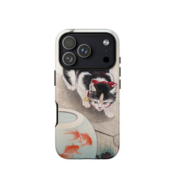 Cat and Goldfish Bowl - Ohara Koson Phone Case Iphone 17 Pro / Matte Black White Cat Phone Case Goldfish Design Durable Koson Iphone Case,