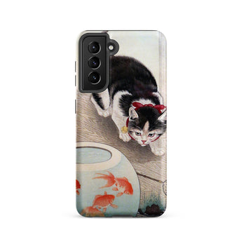 Cat and Goldfish Bowl - Ohara Koson Phone Case Samsung Galaxy S21 / Matte Black White Cat Red Bow Collar Depicted Phone Koson Iphone Case,