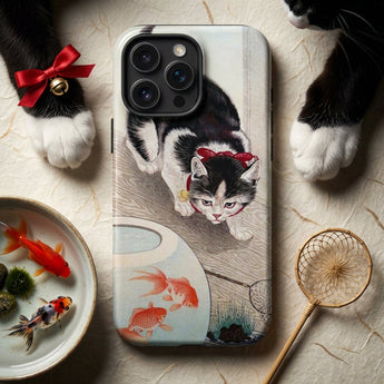 Cat and Goldfish Bowl - Ohara Koson Phone Case Black White Cat Red Bow Neck Depicted Phone Koson Iphone Case, Ohara Koson’s Feline Tableau,