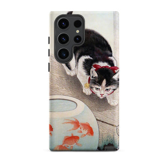 Cat and Goldfish Bowl - Ohara Koson Phone Case Samsung Galaxy S23 Ultra / Matte Black White Cat Red Bow Neck Depicted Artistic Koson Iphone