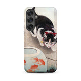 Cat and Goldfish Bowl - Ohara Koson Phone Case Samsung Galaxy S25 Plus / Matte Black White Cat Red Bow Neck Depicted Artistic Koson Iphone