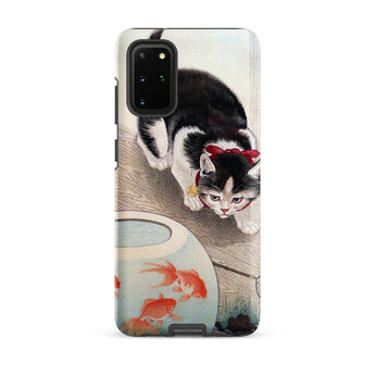 Cat and Goldfish Bowl - Ohara Koson Phone Case Samsung Galaxy S20 Plus / Matte Black White Cat Red Bow Neck Depicted Illustrated Koson