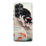 Cat and Goldfish Bowl - Ohara Koson Phone Case Samsung Galaxy S25 Ultra / Matte Black White Cat Red Bow Tie Depicted Illustrated Koson