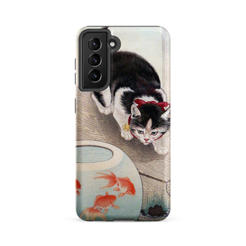 Cat and Goldfish Bowl - Ohara Koson Phone Case Samsung Galaxy S21 Fe / Matte Black White Cat Red Bow Tie Neck Depicted Koson Iphone Case,