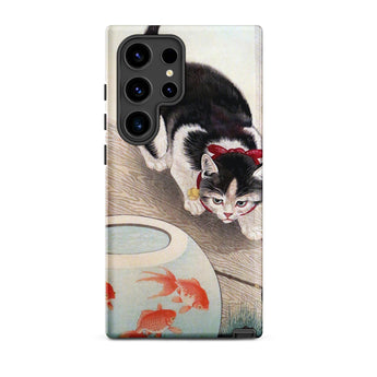 Cat and Goldfish Bowl - Ohara Koson Phone Case Samsung Galaxy S24 Ultra / Matte Black White Cat Red Bow Tie Neck Depicted Koson Iphone