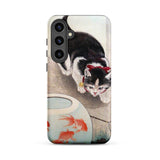 Cat and Goldfish Bowl - Ohara Koson Phone Case Samsung Galaxy S24 Plus / Matte Black White Cat Phone Case Red Bow Traditional Koson Iphone