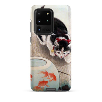 Cat and Goldfish Bowl - Ohara Koson Samsung Case, Galaxy S20 Ultra / Matte, Smartphone Case Black White Cat Fishbowl Goldfish