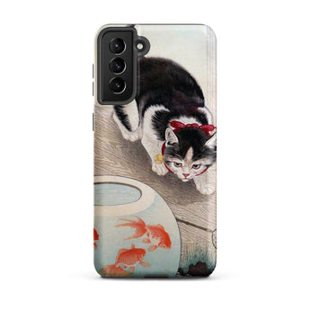 Cat and Goldfish Bowl - Ohara Koson Samsung Case, Galaxy S21 Plus / Matte, Smartphone Case Black White Cat Goldfish Bowl