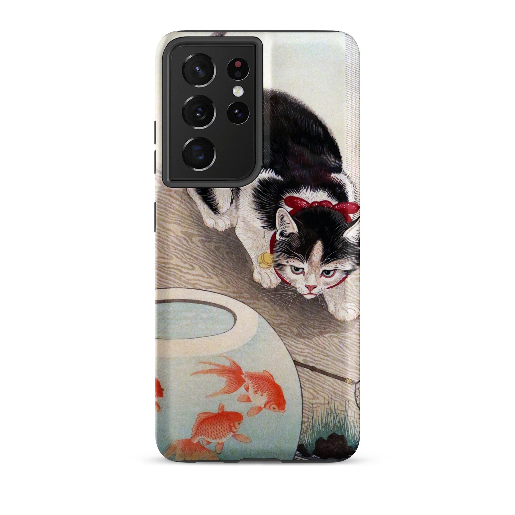 Cat and Goldfish Bowl Ohara Koson Samsung Case, Galaxy S21 Ultra / Matte, Smartphone Black White Cat Goldfish Design Case
