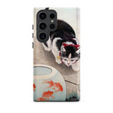 Cat and Goldfish Bowl - Ohara Koson Samsung Case, Galaxy S23 Ultra / Matte, Black White Cat Red Bow Tie Fishbowl Goldfish
