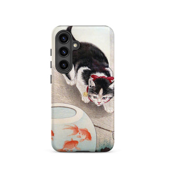 Cat and Goldfish Bowl - Ohara Koson Samsung Case, Galaxy S24 / Matte, Black White Cat Red Bow Collar Goldfish Bowl