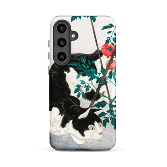 Cat with Tomato Plant - Hiroaki Takahashi Phone Case Samsung Galaxy S24 Plus / Matte Black White Cat Phone Case Detailed Illustration