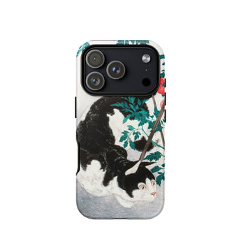 Cat with Tomato Plant - Hiroaki Takahashi Phone Case Iphone 17 Pro / Matte Black White Cat Phone Case Green Foliage Design Hiroaki