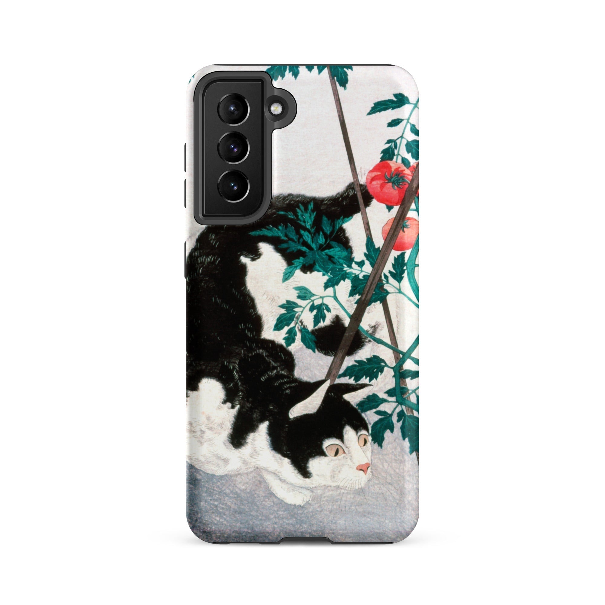 Cat with Tomato Plant Hiroaki Takahashi Samsung Case, Galaxy S21 Fe / Matte, Phone Case Black White Cat Tomatoes Vine