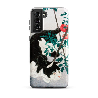 Cat with Tomato Plant - Hiroaki Takahashi Samsung Case, Galaxy S21 Plus / Matte, Smartphone Black White Cat Red Tomatoes Plant Design