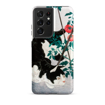Cat with Tomato Plant - Hiroaki Takahashi Samsung Case, Galaxy S21 Ultra / Matte, Black White Cat Tomatoes Smartphone Case