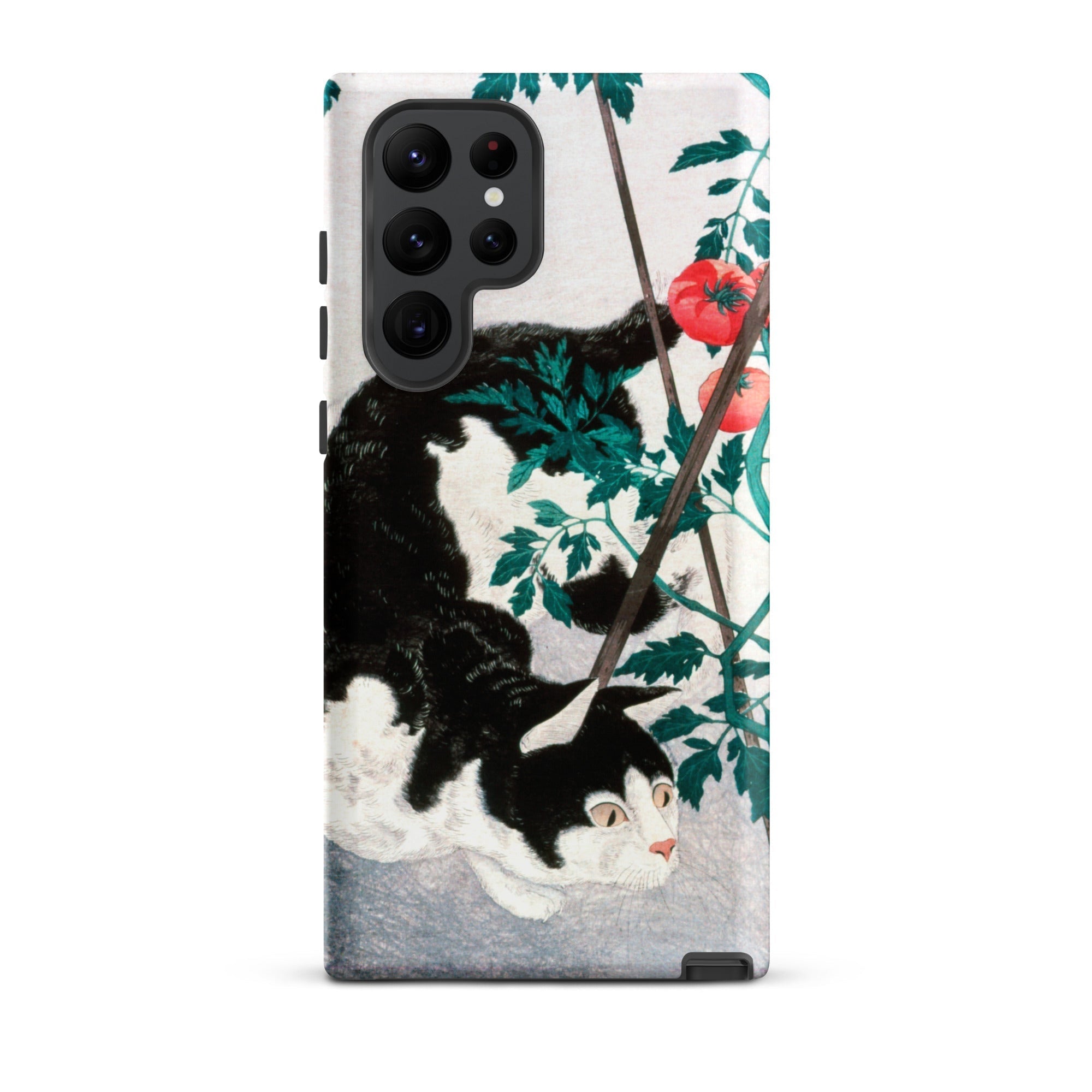 Cat with Tomato Plant Hiroaki Takahashi Samsung Case, Galaxy S22 Ultra / Matte, White Phone Case Black Cat Red Tomatoes Design