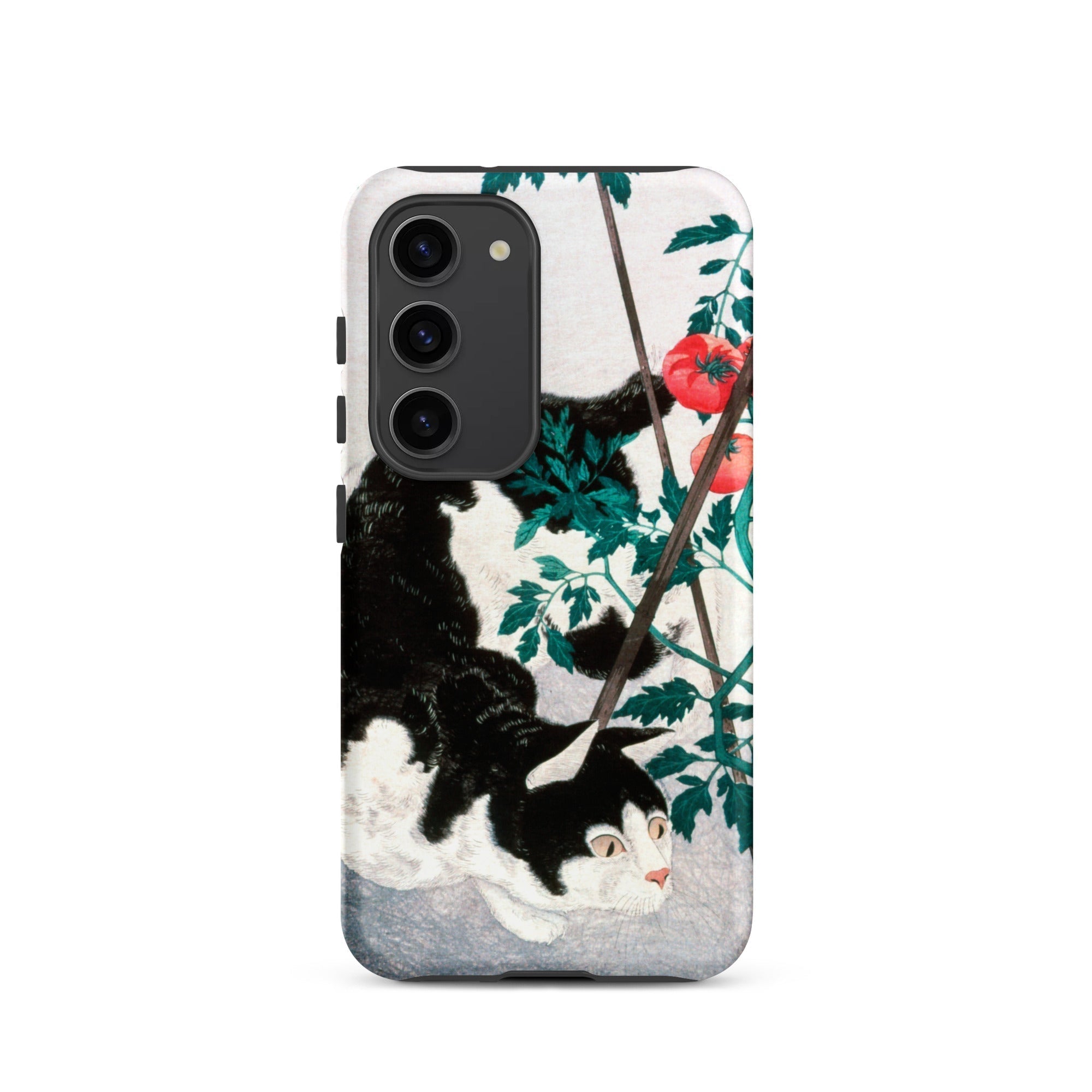 Cat with Tomato Plant Hiroaki Takahashi Samsung Case, Galaxy S23 / Matte, Smartphone Case Black White Cat Tomatoes Vine