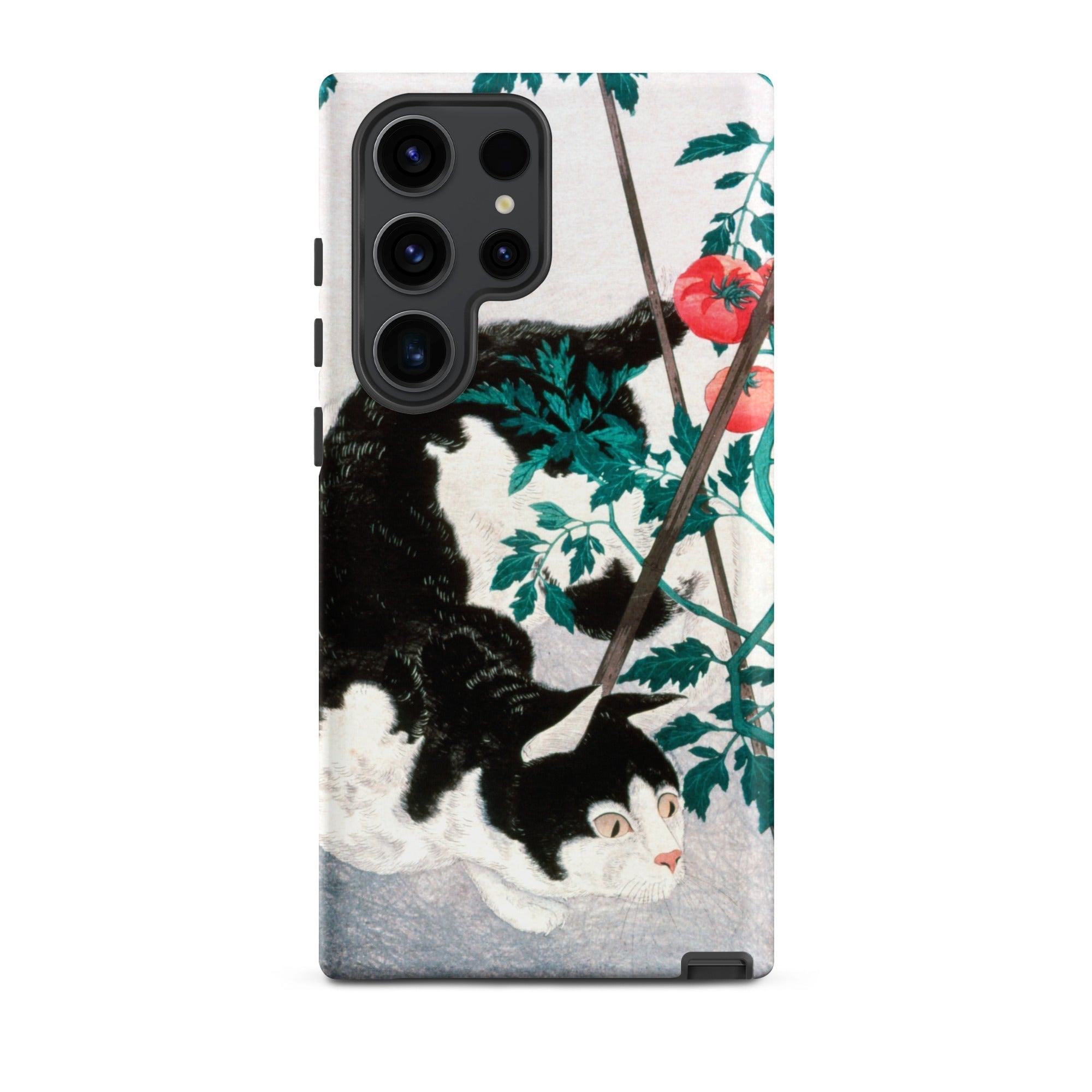 Cat with Tomato Plant Hiroaki Takahashi Samsung Case, Galaxy S23 Ultra / Matte, White Black Patterned Smartphone Case Cat Tomato Plants