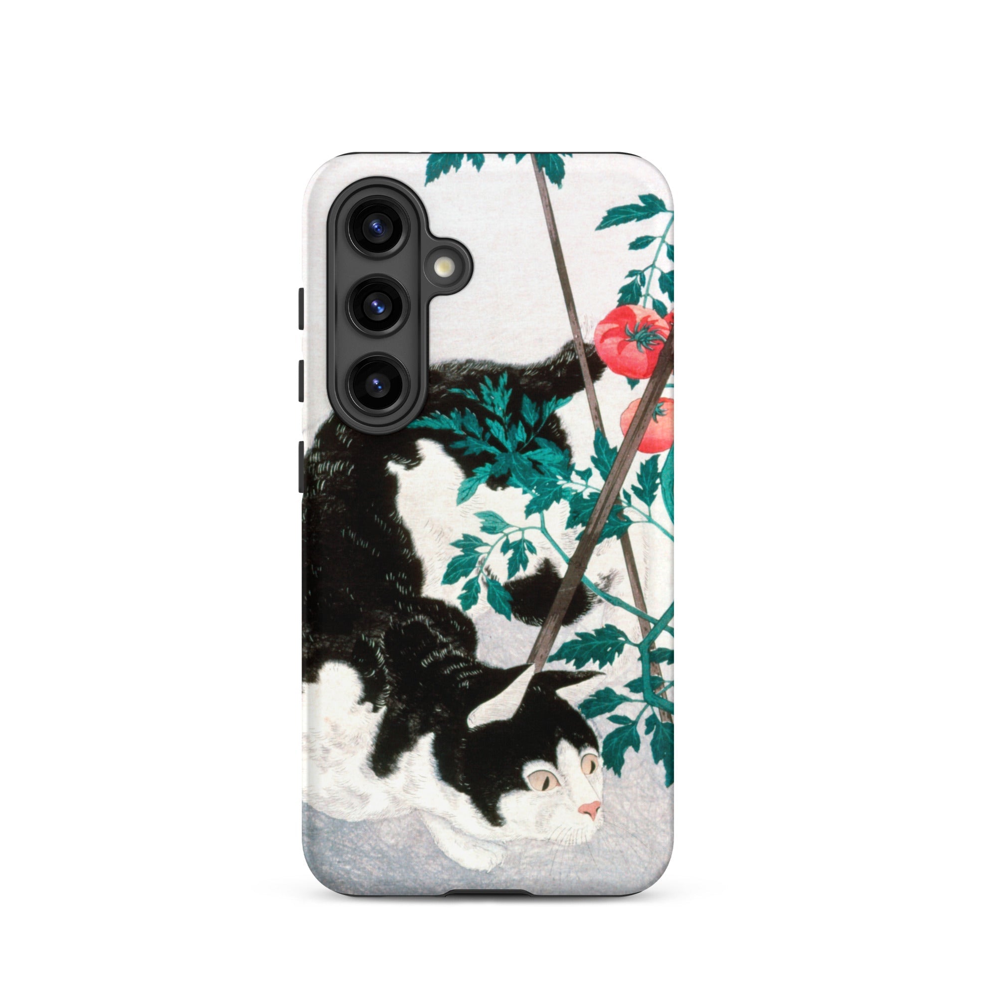 Cat with Tomato Plant Hiroaki Takahashi Samsung Case, Galaxy S24 / Matte, Black White Cat Themed Smartphone Case Tomato Plant Design