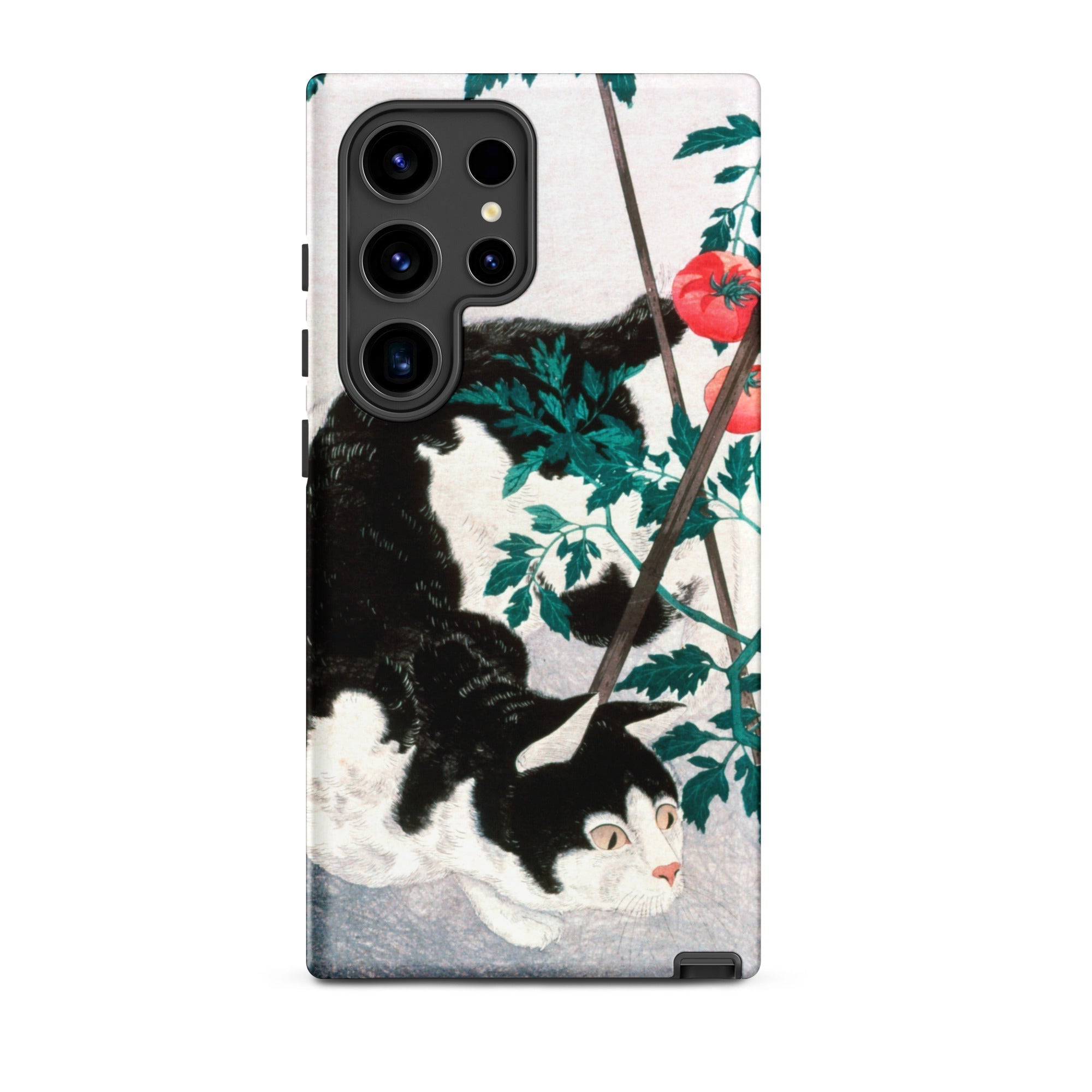 Cat with Tomato Plant Hiroaki Takahashi Samsung Case, Galaxy S24 Ultra / Matte, Black White Cat Phone Case Tomato Plant Design