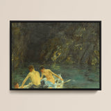 The Cavern - Henry Scott Tuke Art Print / Canvas Black-framed Painting Two Shirtless Men Boat Teal Water, Seals Sun-bronzed, Torsos, Oar’s