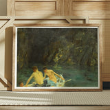 The Cavern - Henry Scott Tuke Art Print / Canvas Framed Painting Three Shirtless Men Boat Dark Rocky, Seals Sun-bronzed, Torsos, Oar’s Pale