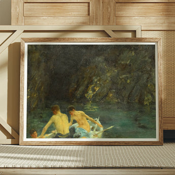 The Cavern - Henry Scott Tuke Art Print / Canvas Framed Painting Three Shirtless Men Boat Dark Rocky, Seals Sun-bronzed, Torsos, Oar’s Pale