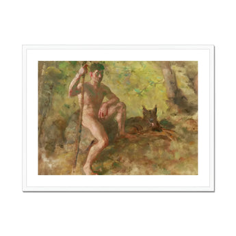 A Nude Male with a Dog in Forest - Julius Paulsen Fine Art Print, Framed Painting Nude Man Wolf