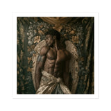 Raziel Gay Black Angel Art Print, Muscular Shirtless Man Angel Wings Posed Ornate Floral