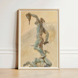 Framed Watercolor Painting Muscular Figure Dynamic Pose Rendered John Singer Sargent, Art Print, Bronze Sheen