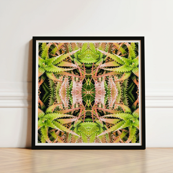 Framed Abstract Botanical Print Symmetrical Kaleidoscopic Pattern Green Trippy Cactus Succulent, Art, Surrealism Meets