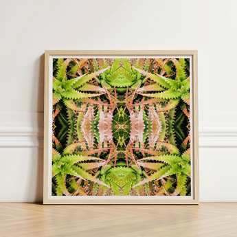 Square-framed Artwork Symmetrical Kaleidoscopic Design Green Pinkish Succulent Trippy Cactus, Art, Botanical Surrealism Meets