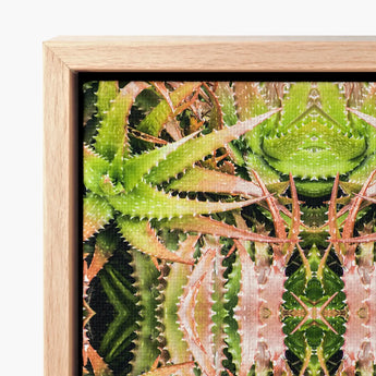 Framed Canvas Print Symmetrical Kaleidoscopic Design Green Pinkish Trippy Cactus Succulent, Art, Botanical Surrealism Meets