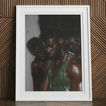 Centerfold - Gay Black Lovers Art Print, 12x16’’ / 31x41cm / White Frame / 2’’ Matboard, Framed Photograph Three Individuals Prominently
