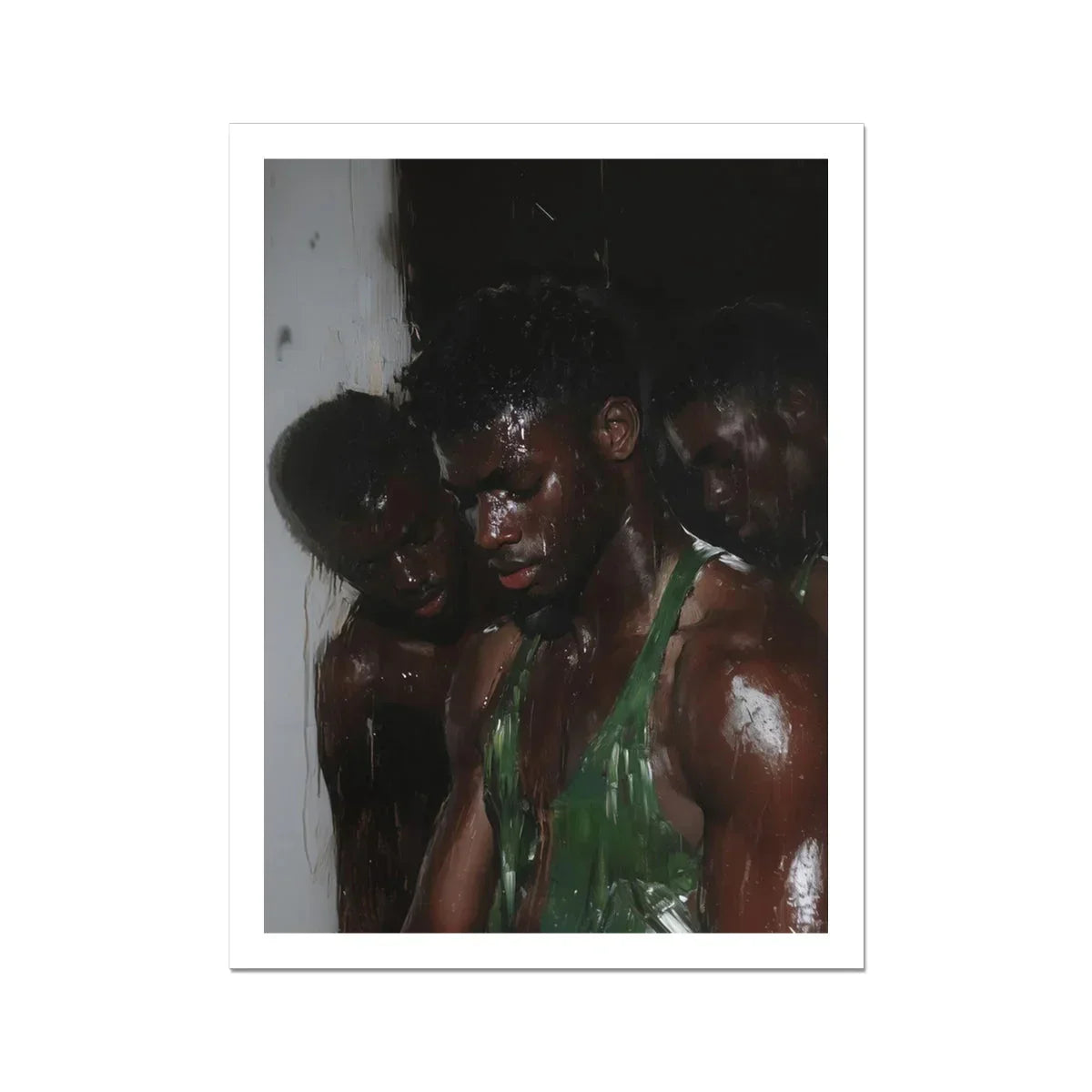 Centerfold Gay Black Lovers Art Print, 18x24’’ / 46x61cm / Unframed, Dark Toned Figure Green Garment Shadowy Artistic Portrait