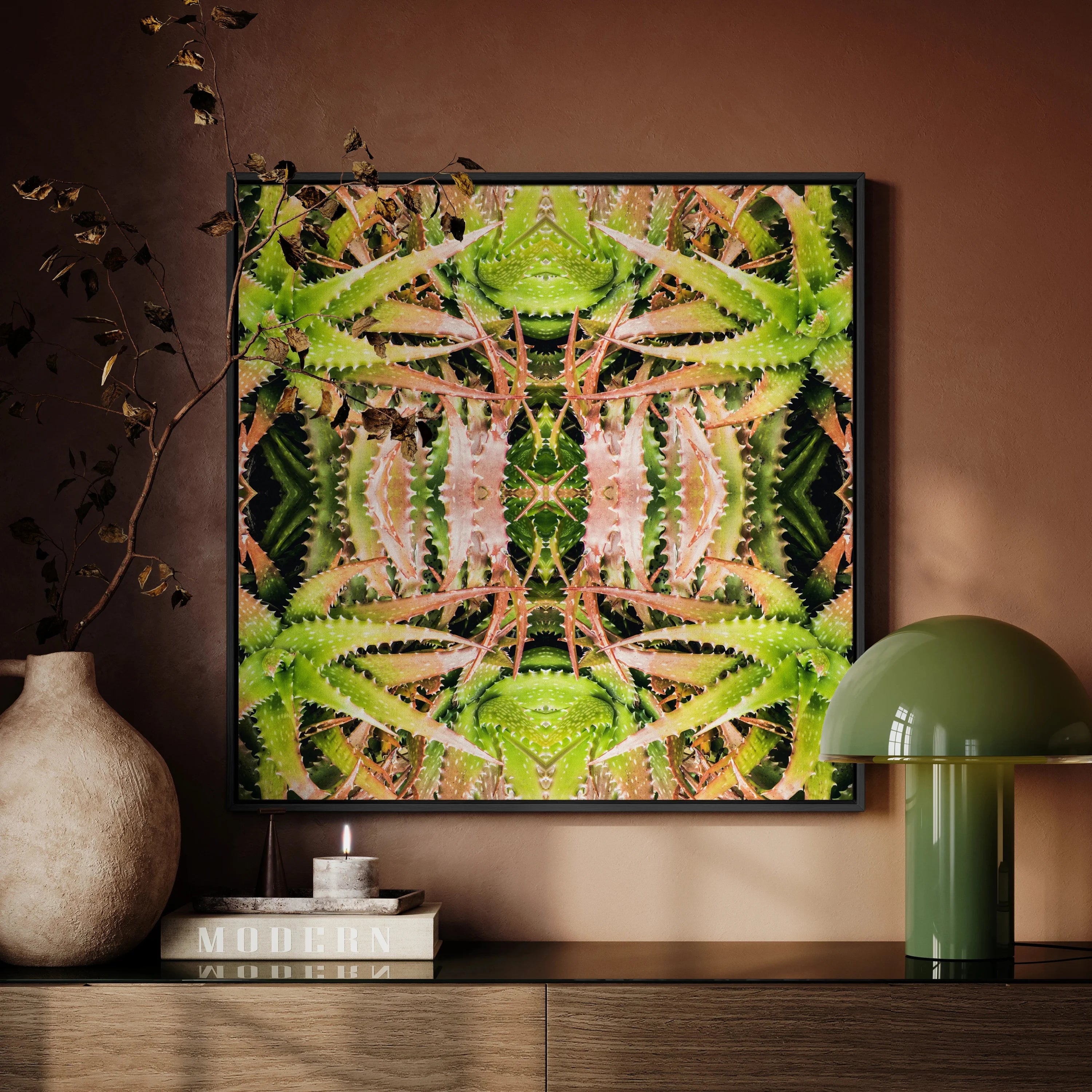 Centre Stage - Trippy Cactus Art Framed Canvas, Framed Abstract Artwork Symmetrical Green Pink Pattern Plant