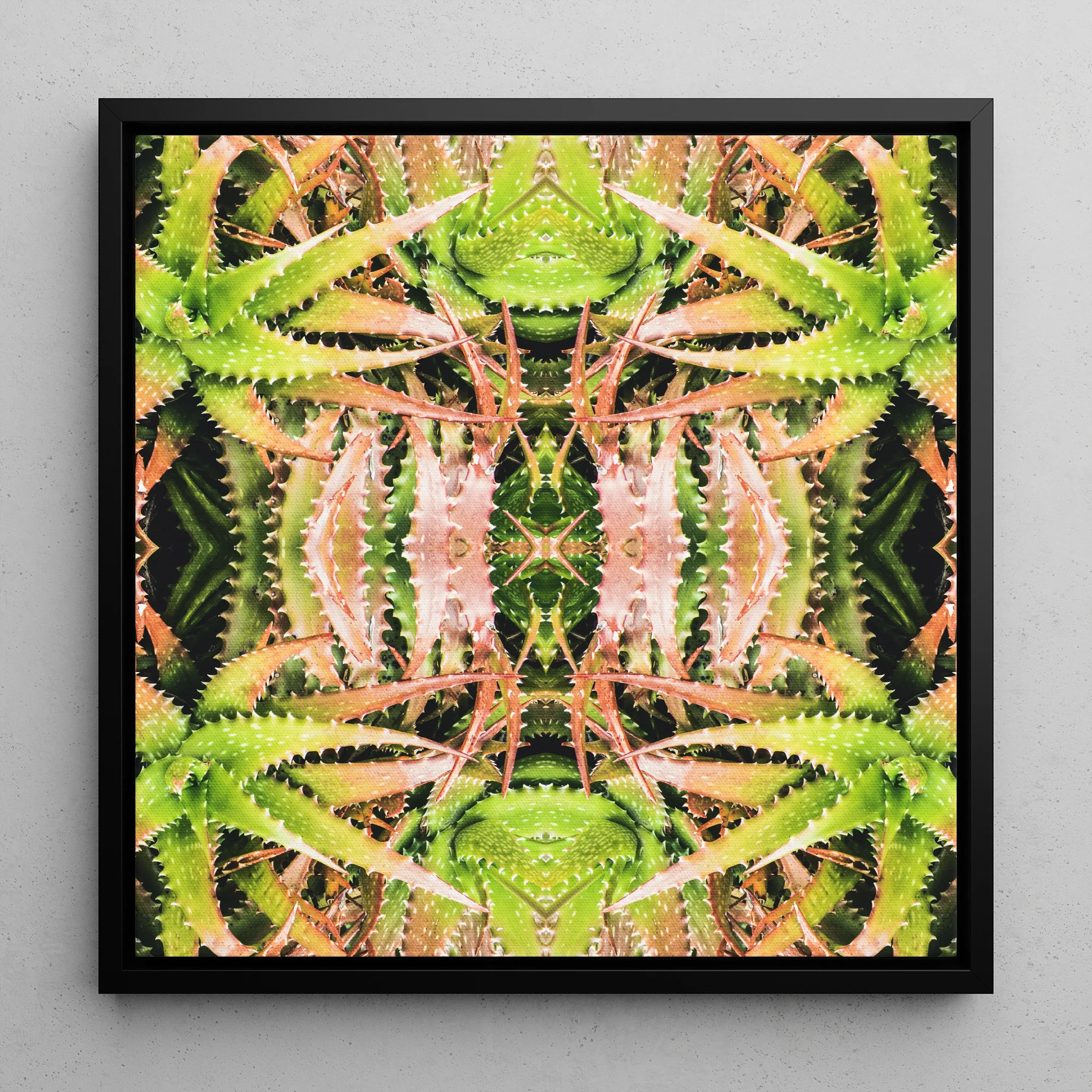 Centre Stage Trippy Cactus Art Framed Canvas, Symmetrical Kaleidoscopic Pattern Green Pink Plant Like Shapes Square