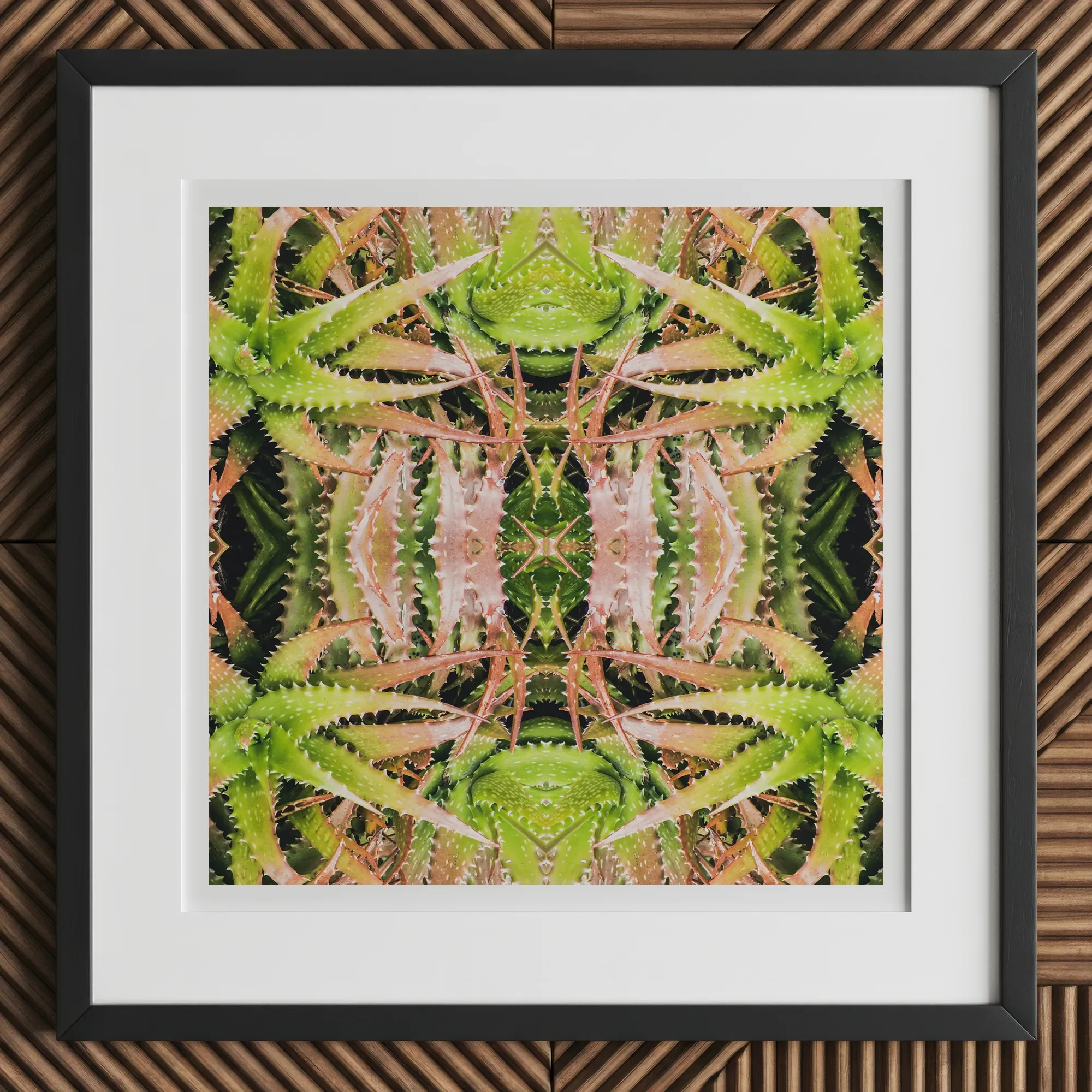 Centre Stage - Trippy Cactus Art Print, 12x12’’ / 31x31cm / Black Frame / 2’’ Matboard, Framed Square Abstract Artwork Green Pink Spiky