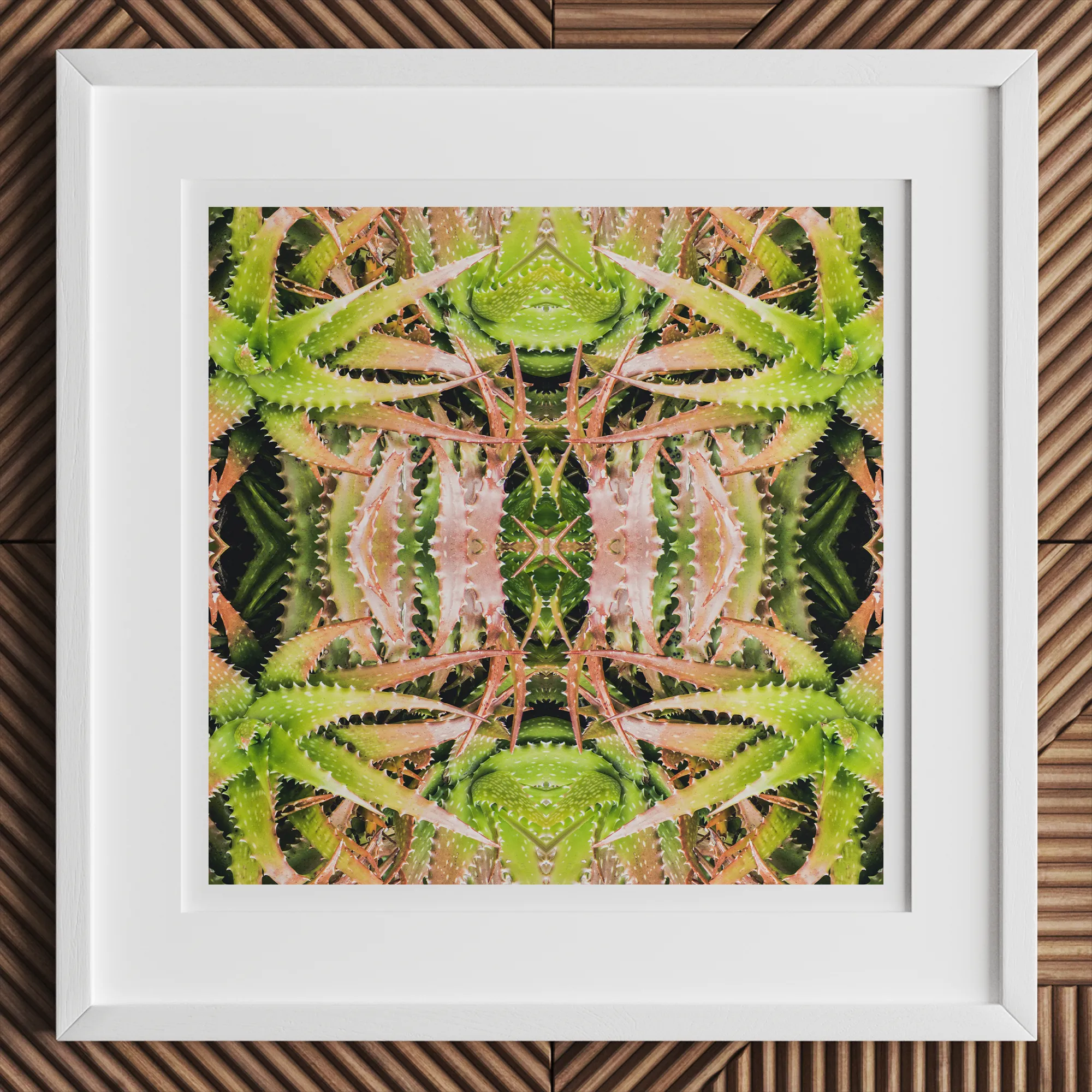 Centre Stage - Trippy Cactus Art Print, 12x12’’ / 31x31cm / White Frame, Framed Abstract Art Print Spiky Green Pink Succulent