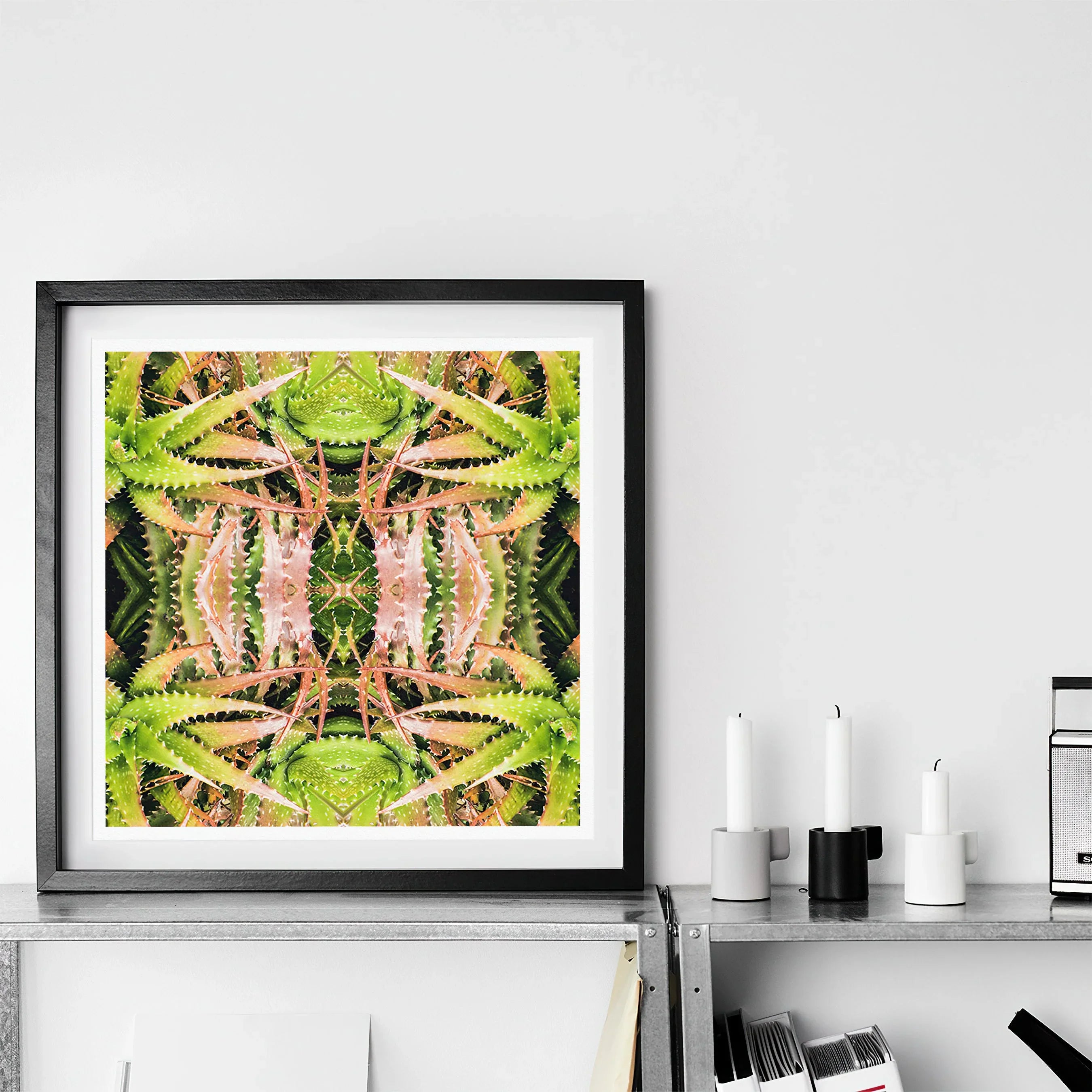 Centre Stage Trippy Cactus Art Print, Framed Abstract Artwork Symmetrical Patterns Vibrant Green Pink
