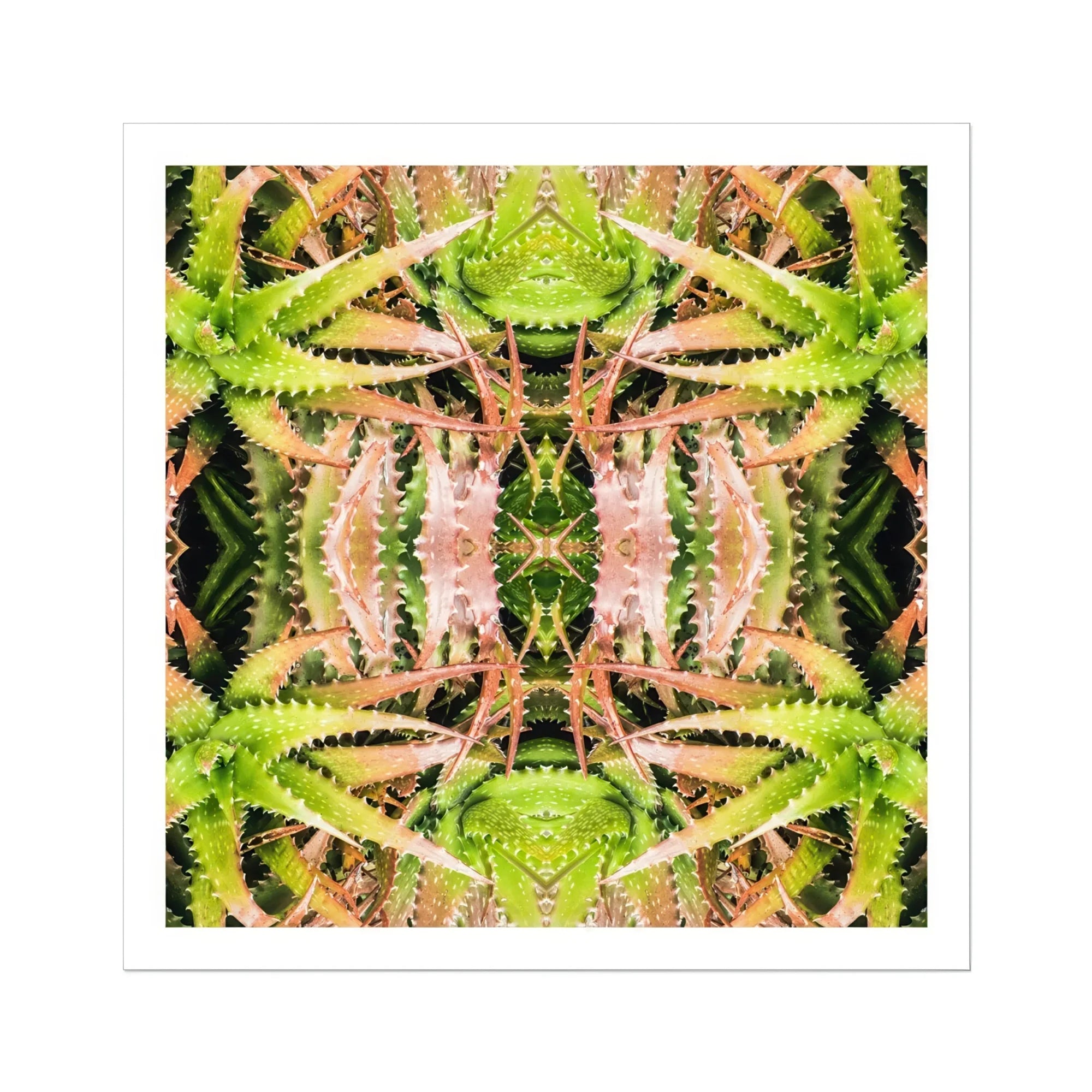 Centre Stage - Trippy Cactus Art Print, Kaleidoscopic Pattern Green Peach-colored Succulent Plants Arranged Symmetrical